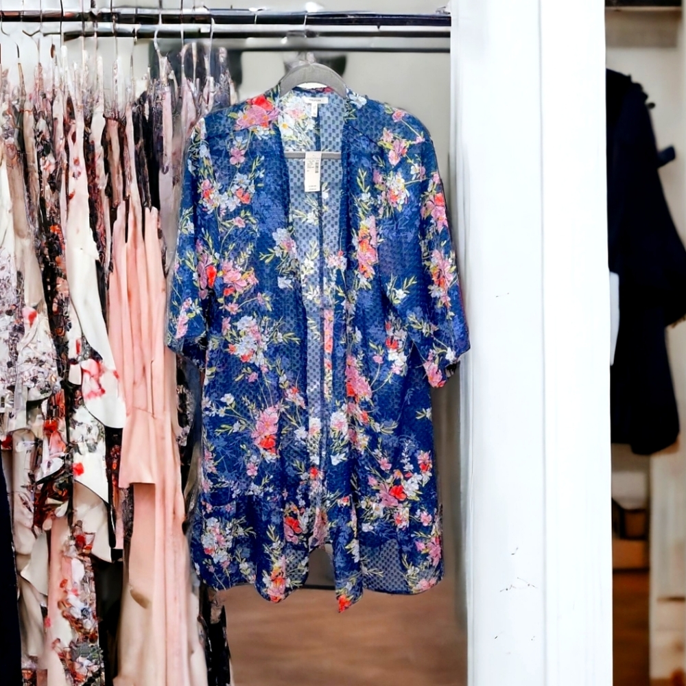 Maurices - Dark Blue Floral Texture Open Front "Ruana" 3/4 Sleeve - 0XL - NWTs